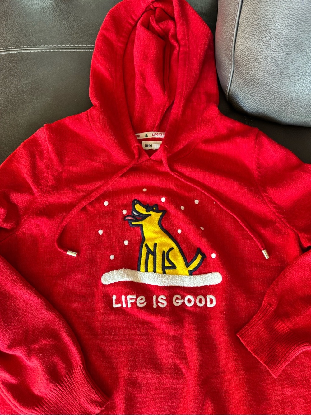 Life Is Good Red Hoodie with Yellow Dog Graphic and White Accents